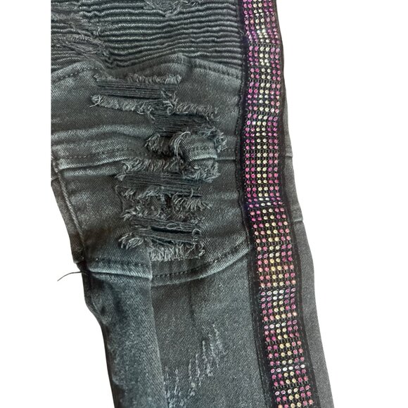 Preme Mens Black Distressed Jeans With Rhinestone Stripes 32W 32L Moto - Picture 5 of 10